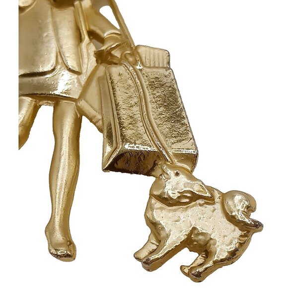 Vintage AJC Brooch Shopping Woman Walking Dog Gold Tone Lapel Pin - Picture 4 of 10